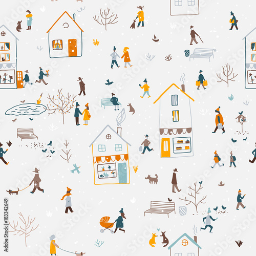 winter seamless pattern with people walking in city