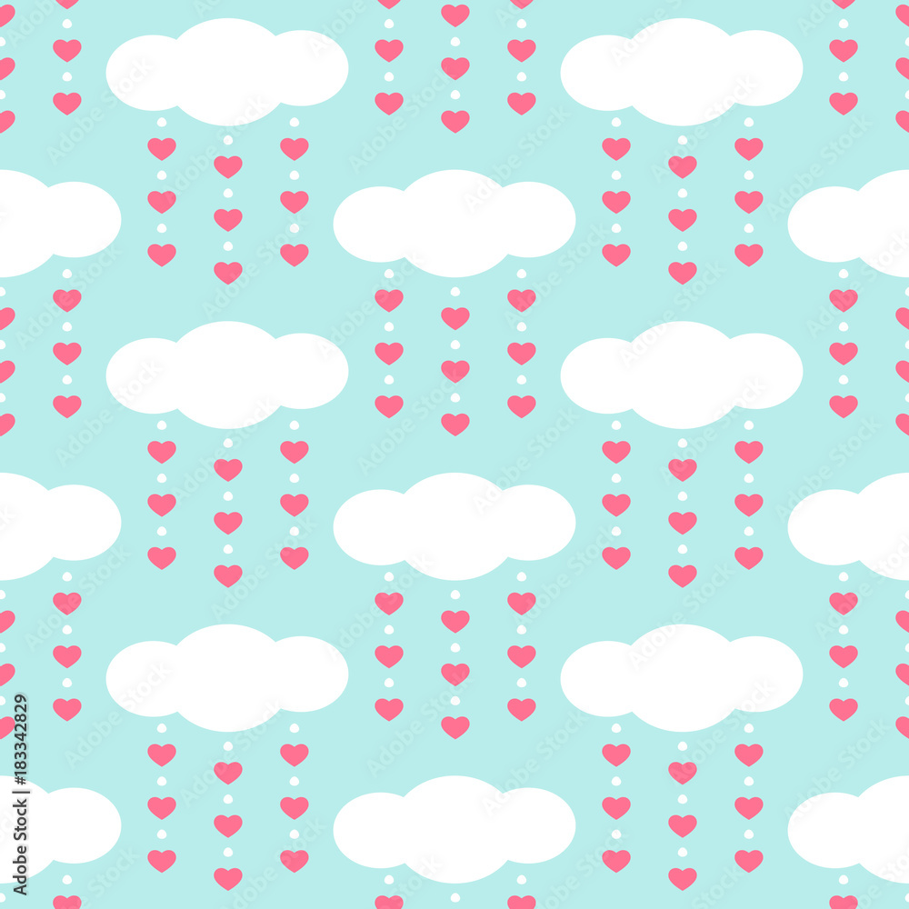 Set of cute retro primitive seamless patterns with clouds and hearts