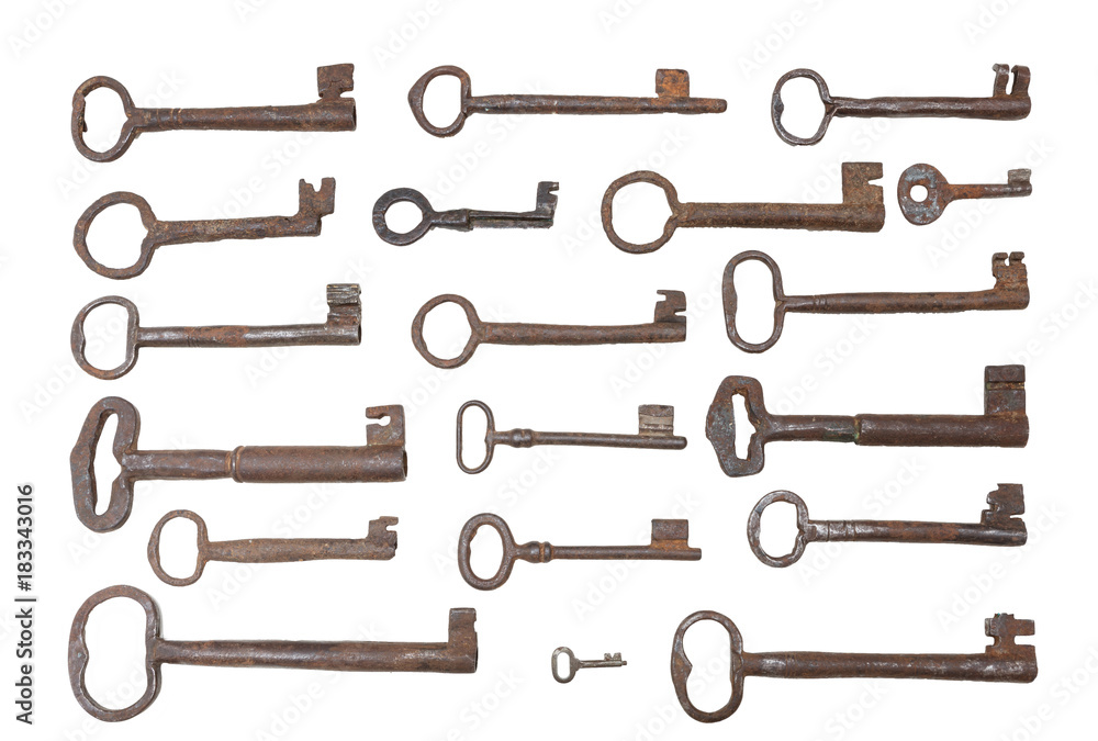 Vintage forging iron keys collection, isolated on white background