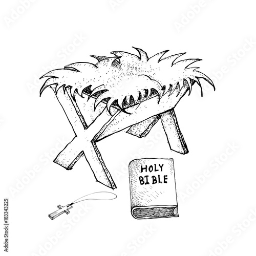 Hand Drawn of Manger with Bible and Wooden Cross