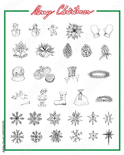Hand Drawn Set of Lovely Merry Christmas Items photo