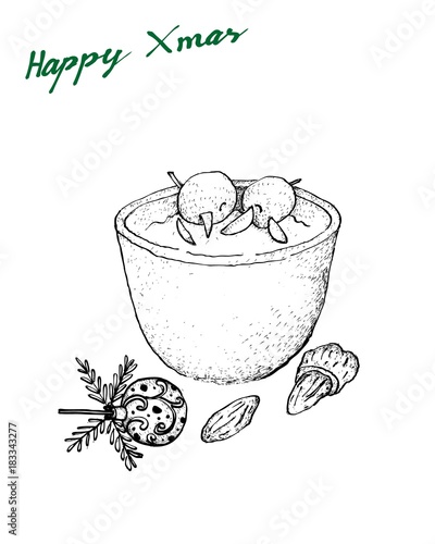 Hand Drawn of Danish Traditional Christmas Risalamande or Rice Pudding