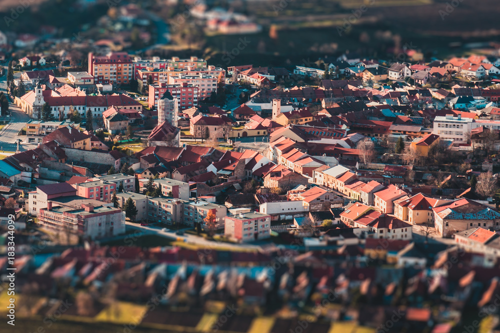 Panorama of a small old European town, tilt-shift effect
