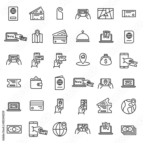 Simple set of online booking related outline icons.