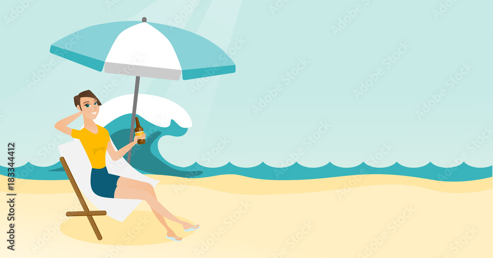 Young caucasian white woman sitting on a chaise-longue on the beach. Happy smiling woman relaxing on a chaise-longue and drinking beer. Vector cartoon illustration. Horizontal layout.