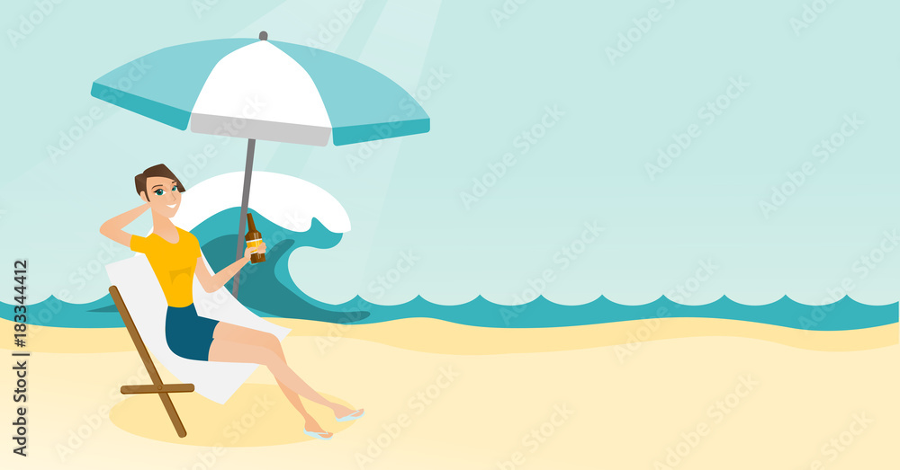 Young caucasian white woman sitting on a chaise-longue on the beach. Happy smiling woman relaxing on a chaise-longue and drinking beer. Vector cartoon illustration. Horizontal layout. Young caucasian white woman sitting on a chaise-longue on the beach. Happy smiling woman relaxing on a chaise-longue and drinking beer. Vector cartoon illustration. Horizontal layout.