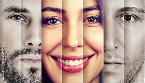 Φωτογραφία Collage of a happy beautiful woman in-between two serious men