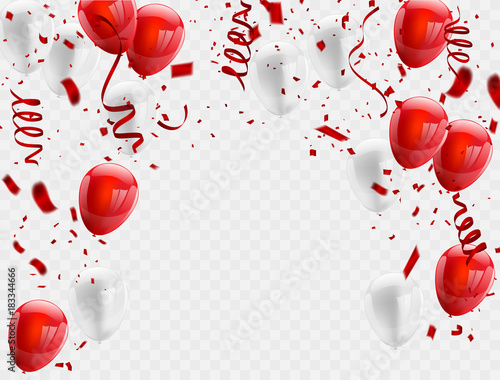 Red White balloons, confetti concept design background. Celebration Vector illustration.