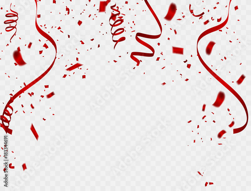 Celebration background template with confetti and red ribbons. Vector illustration