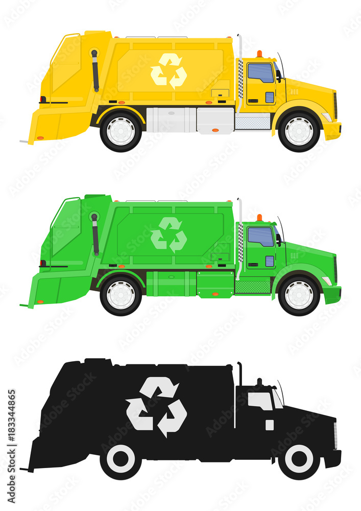 Fototapeta premium A set of three garbage truck. Side view. Flat vector.