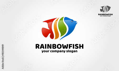 Rainbow fish Logo Template is hip & outstanding sign, smiling fish made with rainbow colored stripes.