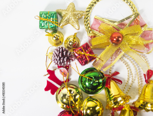 The christmas accessories o,small Santa clause,goft box,colorful bell ,ribbon,put on white background.