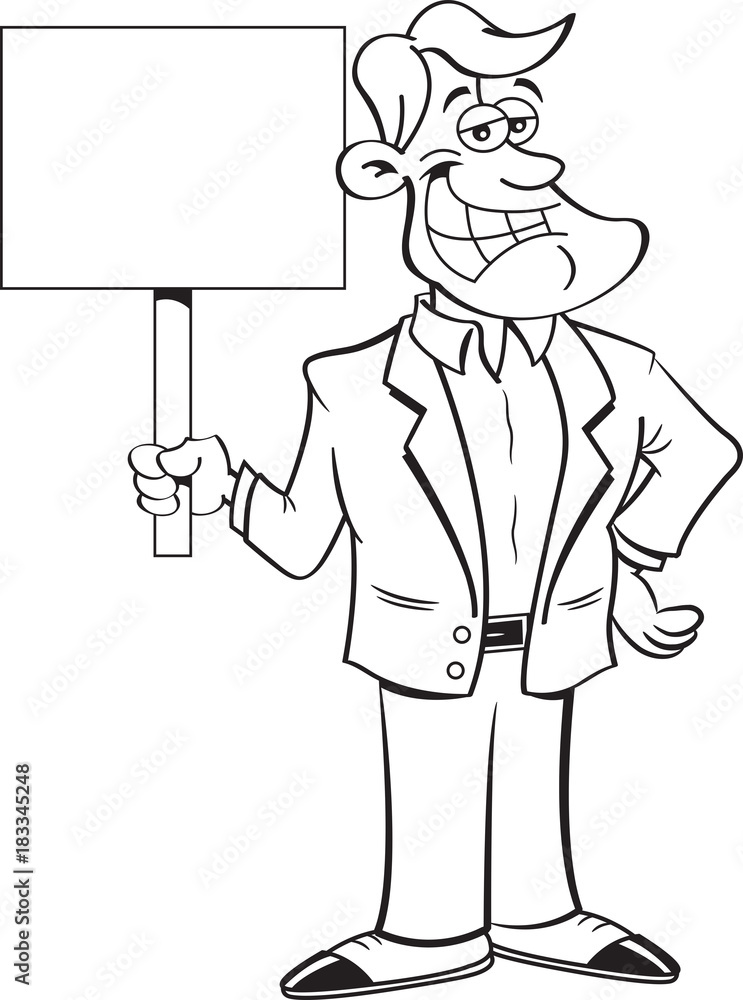 Black and white illustration of a smiling man holding a sign. Black and white illustration of a smiling man holding a sign.