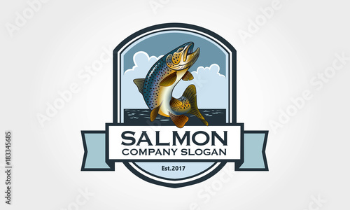 Salmon Vector Logo Illustration. Logo with salmon in emblem style. Vector vintage fish for your logo design.