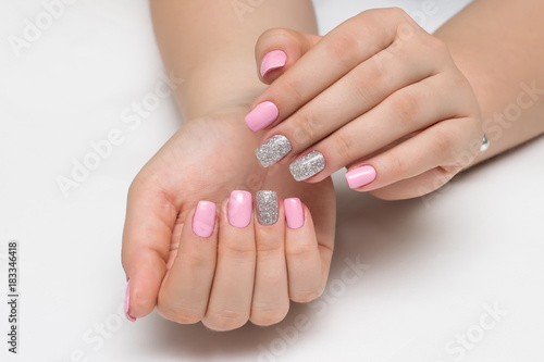 pink manicure with silver sequins on square nails  