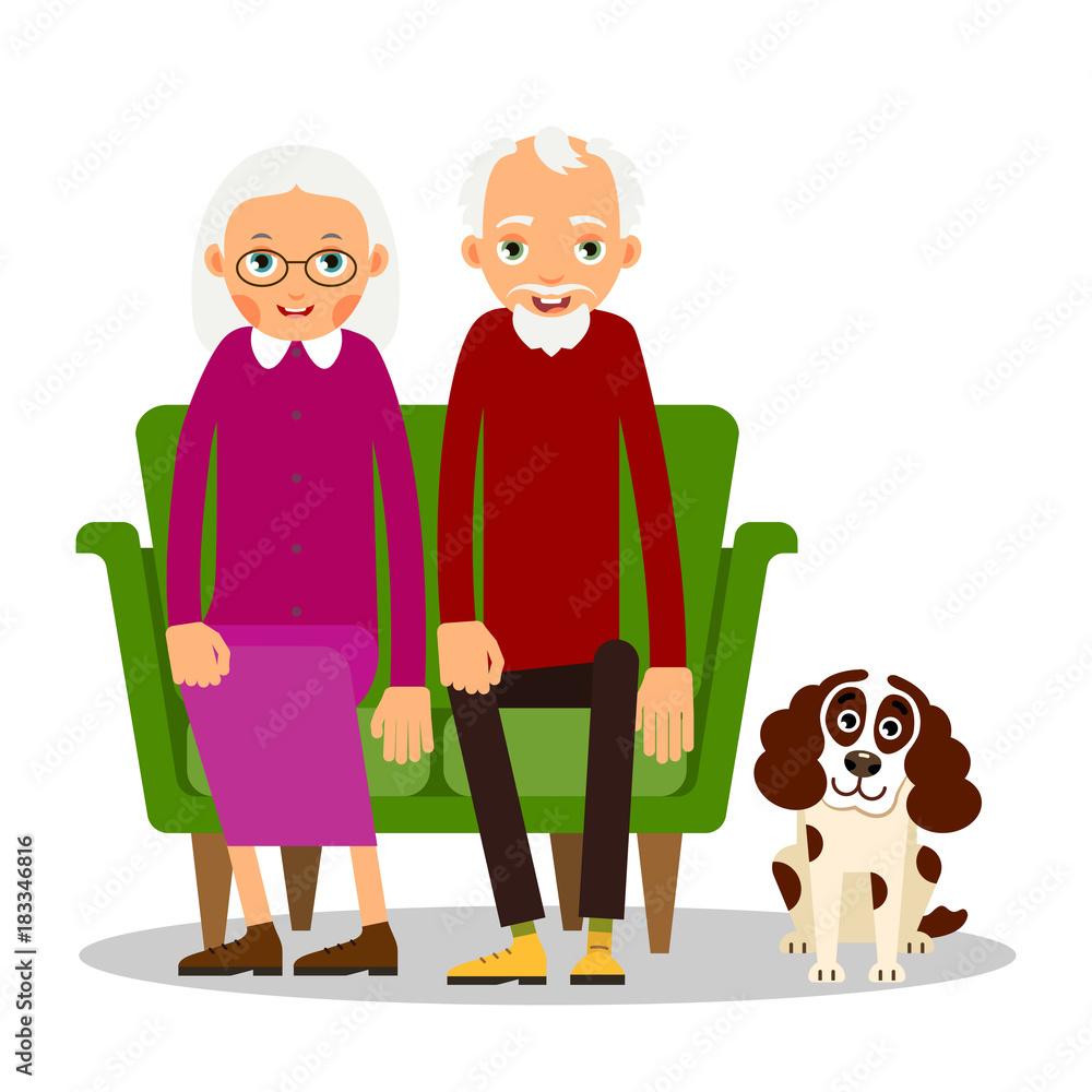 Older couple. On the sofa sitting elderly woman, man and dog. Old people  with animal and furniture Stock Vector | Adobe Stock