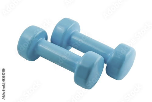 pair of light blue dumbbells for fitness isolated..