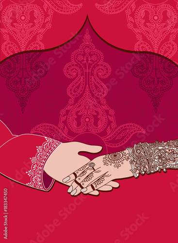 Wedding indian invitation card  on red background. India marriage template.Beautifully decorated Indian bride hand.Close-up of groom holding brides hand.Indian bride with mehandi in hand in vector