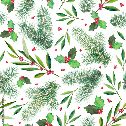 Firtree holly seamless patter, hand-drawn watercolor illustration isolated on white background.