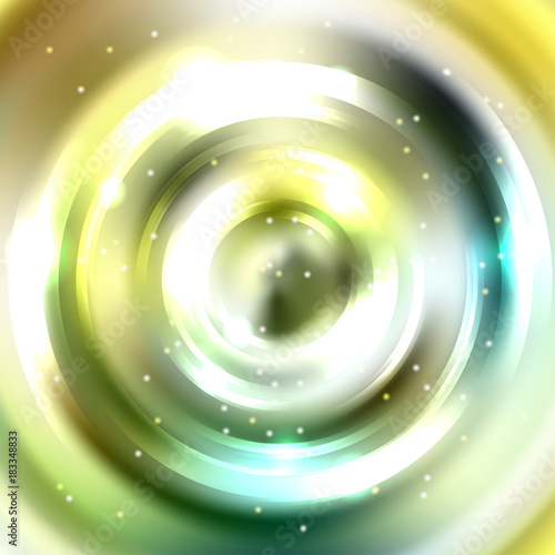 Abstract background with luminous swirling backdrop. Vector infinite round tunnel of shining flares. White, green, gray colors.