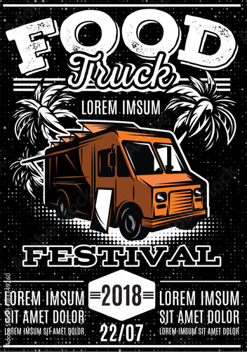 retro poster for invitations on street food festival with food truck