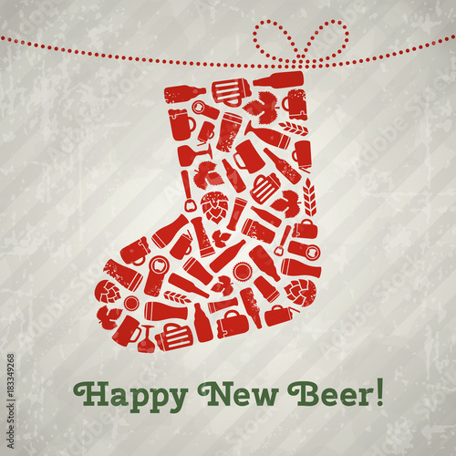 Vector christmas stocking beer poster. Happy new beer tagline. Christmas sock composed of craft beer bottles, mugs, glasses, ingredients and accessories. Retro grunge new year background