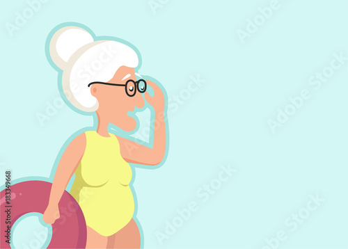 An elderly woman in a bathing suit and a lifebuoy is standing and surprisingly adjusting her glasses.