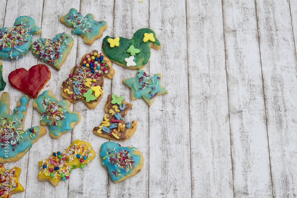 Group of colorful homemade Christmas cookies and biscuits