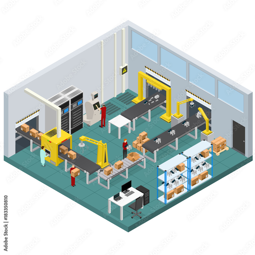Conveyor Line Factory Interior with Isometric View. Vector Conveyor Line Factory Interior with Isometric View. Vector