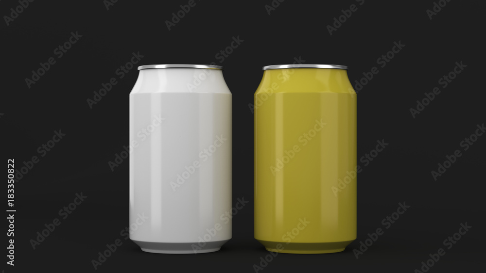 Two small white and yellow aluminum soda cans mockup on black background Two small white and yellow aluminum soda cans mockup on black background