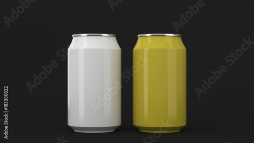 Two small white and yellow aluminum soda cans mockup on black background