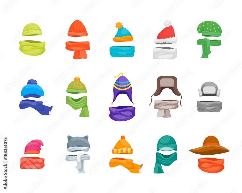 Cartoon Color Winter Hats and Scarves Headwear Icon Set. Vector Cartoon Color Winter Hats and Scarves Headwear Icon Set. Vector