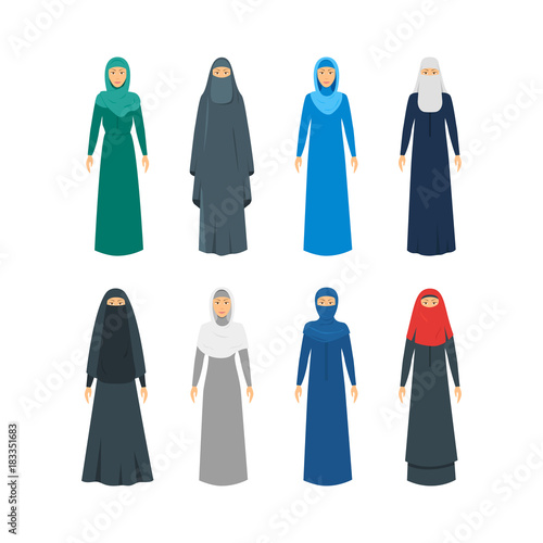 Cartoon Color Middle East Women Religious Apparel Set. Vector