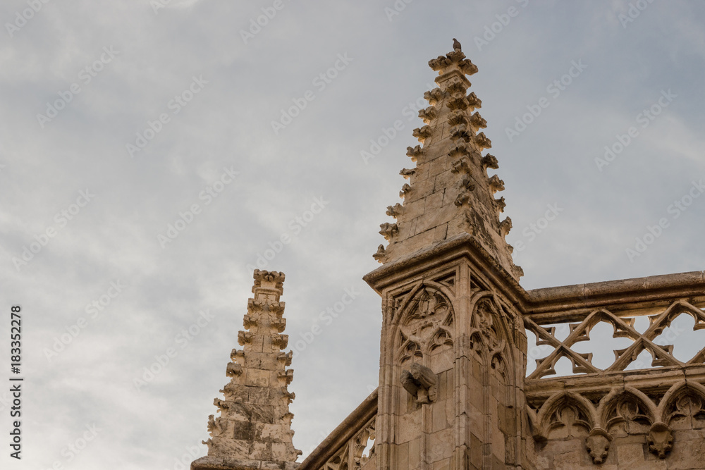 Part of an old church called pinnacles or tower with a pigeon on top