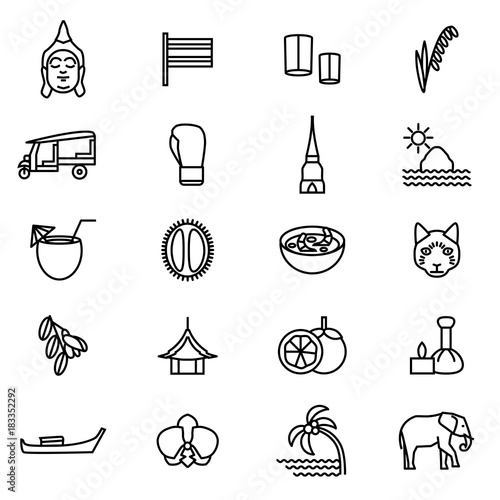 Thailand Travel and Tourism Black Thin Line Icon Set. Vector