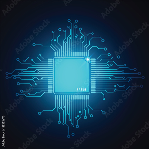 Blue Technological Microprocessor Vector Background. Abstract CPU Chip With Circuit Board Connection Pad.