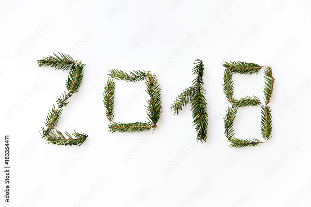 Number of new year 2018 made of fir branches. Flat lay, top view Number of new year 2018 made of fir branches. Flat lay, top view