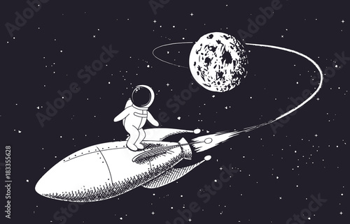 astronauta leci z księżyca na rakiecie. dziecinna ilustracja wektorowa. wzór wydruków