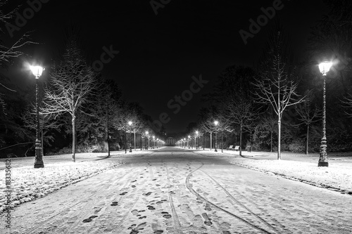 Night in the park after snowfall. White road, benches, street lamps highlighting alley. Strasbourg © 31etc