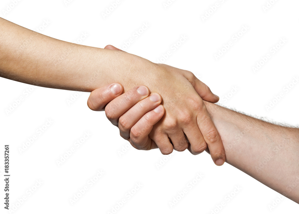 Two hands united in a handshake. Concept of salvation, help, guardianship, protection, love, care etc. Image on white, isolated background. Two hands united in a handshake. Concept of salvation, help, guardianship, protection, love, care etc. Image on white, isolated background.