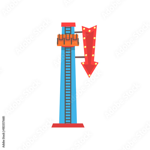 Cartoon illustration of free fall or drop tower. Extreme attraction. Amusement park icon. Funfair or carnival. Flat vector design for advertising poster, banner or flyer