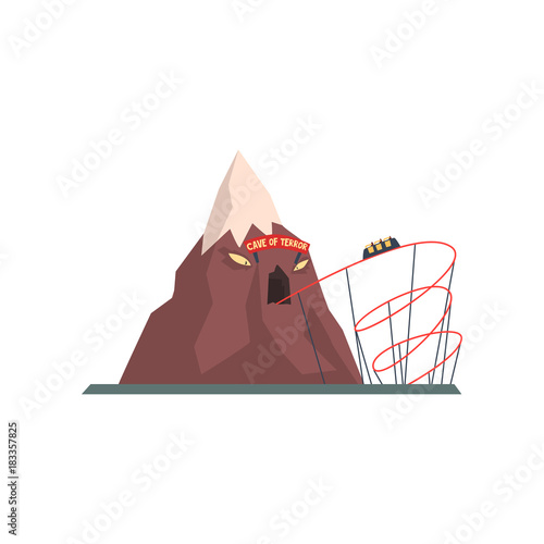Cave of terror with tunnel for tram. Extreme attraction. Mountain with evil face. Amusement park. Funfair or carnival. Flat vector design element for poster or flyer
