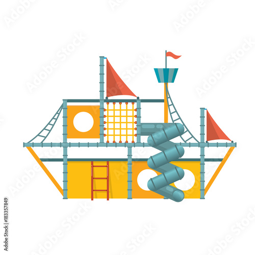 Children's entertainment complex in form ship with stairs, slides, attractions.