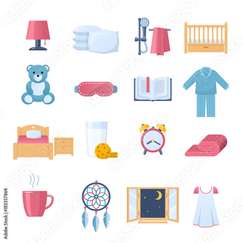Set of objects for sleep. Time to sleep. Furniture, interior.