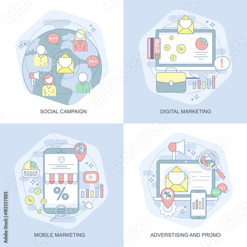 Blue flat conceptual icons set of social campaign, digital marketing, mobile marketing, advertising and promo business. Concepts for website and graphic design. Mobile and print media.