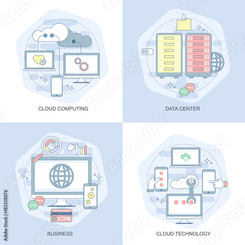 Blue flat conceptual icons set of cloud data technology services, global connection, cloud computing, data center, business processes. Concepts for website and graphic design. Mobile and print media.