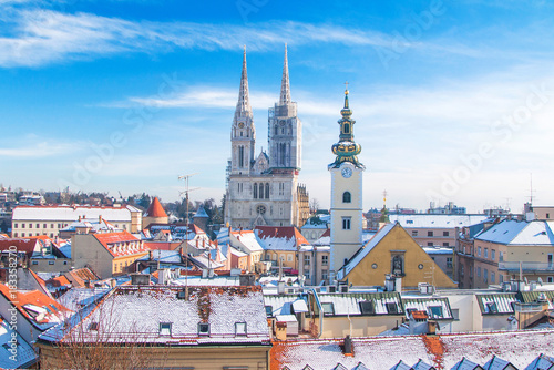 Winter in Zagreb, view on cathedral from Upper Town, Croatia