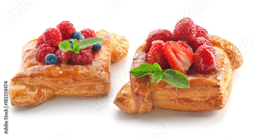 Delicious pastry on white background