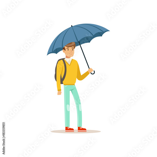 Man standing under blue umbrella flat vector illustration
