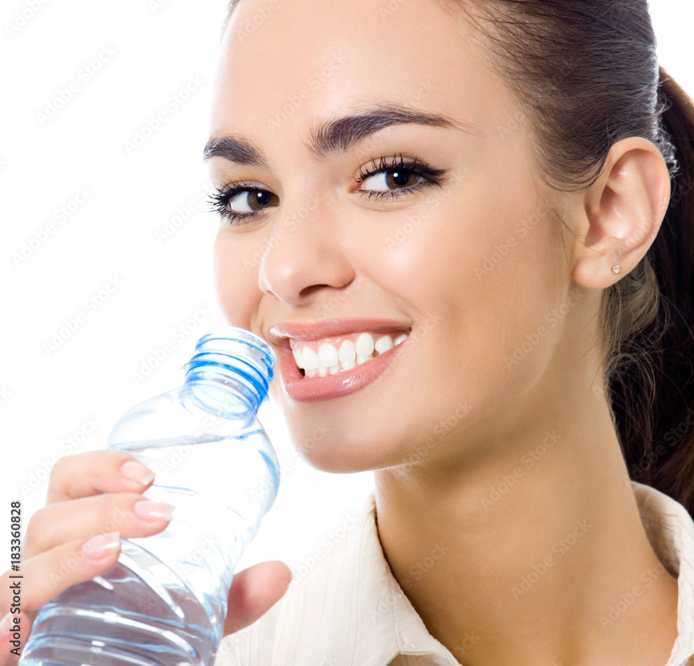 Young woman drinking water, isolated over white Young woman drinking water, isolated over white